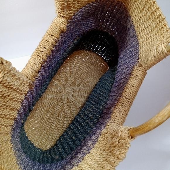 Natural Fiber Vintage Handmade Rope Tote Blue/Tan Stripes with Wooden Handles - Picture 7 of 10